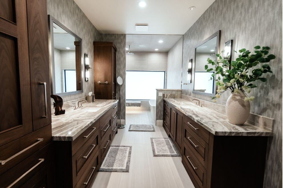 bathroom remodel in phoenix az with dark cabinets and custom wallpaper