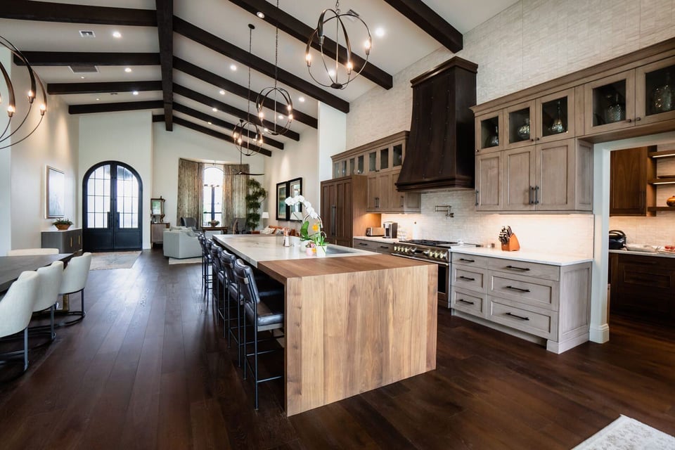 Kitchen island with marble countertop and modern lighting, Mertel Whole Home Renovation, MGD Builders, Phoenix AZ 