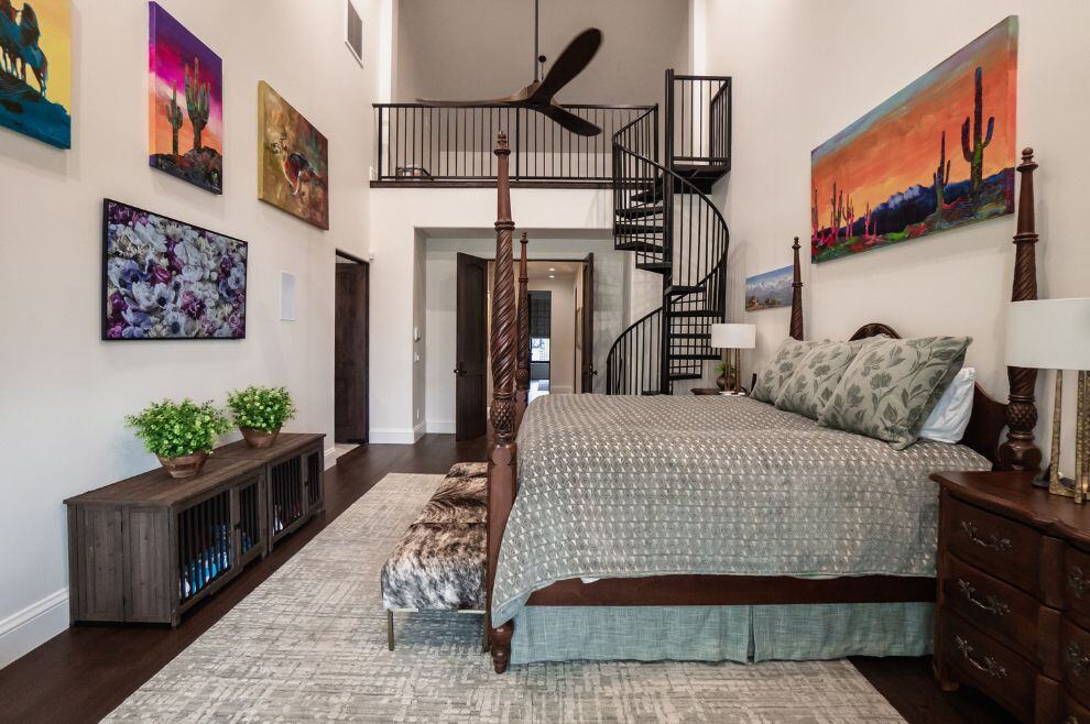 Guest bedroom remodel with spiral staircase and loft