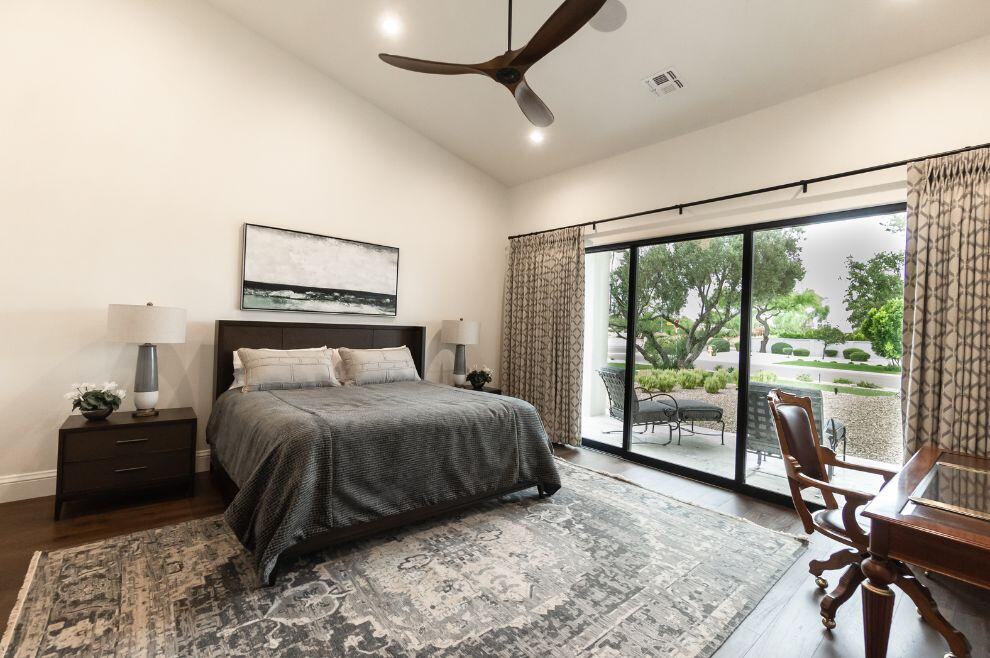 Bedroom remodel in Phoenix AZ with patio doors and ceiling fan