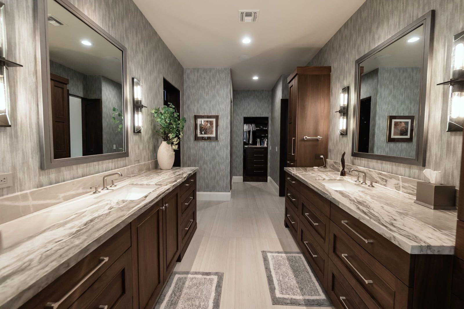 Elegant double vanity with marble countertops in remodeled bathroom, MGD Builders, Phoenix AZ 