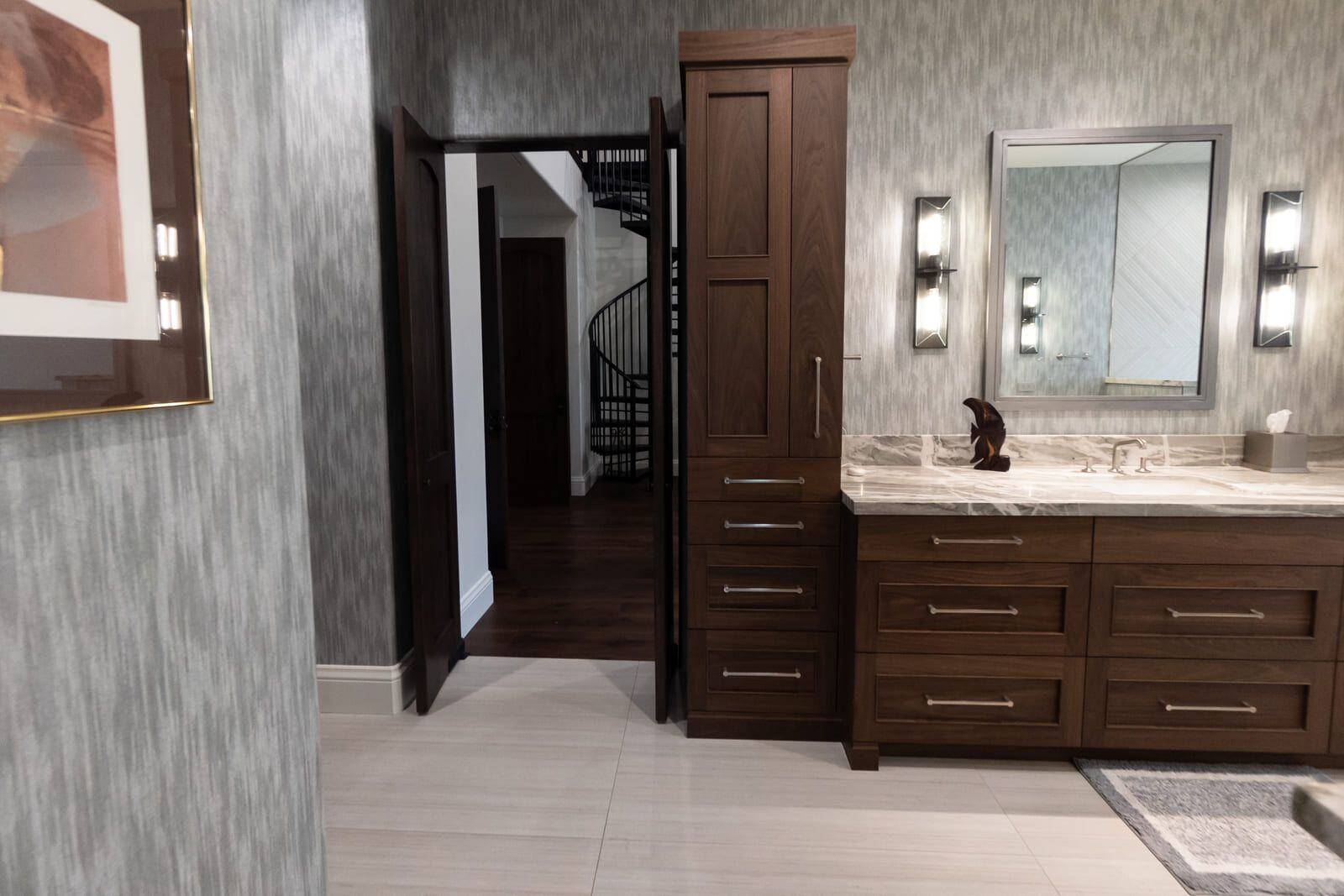 Remodeled bathroom with double vanity and dark wood cabinets, MGD Builders, Phoenix AZ 